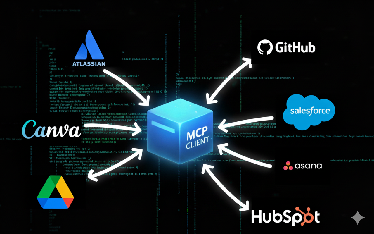 MCP Client connecting to enterprise services: Canva, Atlassian, GitHub, Salesforce, HubSpot, Asana, and Google Drive